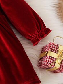 Bebé Vestido ribete con fruncido de manga con volante con lazo delantero - Burdeos - Ver 3