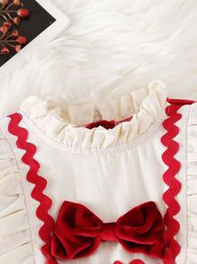 Bebé Vestido ribete con fruncido de manga con volante con lazo delantero - Burdeos - Ver 4