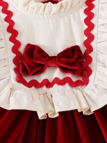 Bebé Vestido ribete con fruncido de manga con volante con lazo delantero - Burdeos - Ver 5