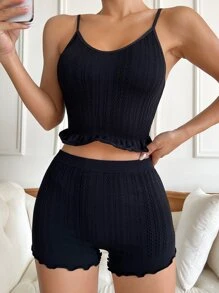Conjunto de salón pantalones cortos con camiseta de tirantes ribete en forma de lechuga bajo con fruncido - Negro - Ver 5