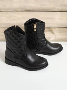 Girls Quilted Detail Zipper Side Combat Boots - Black - View 2