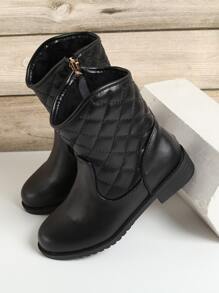 Girls Quilted Detail Zipper Side Combat Boots - Black - View 3