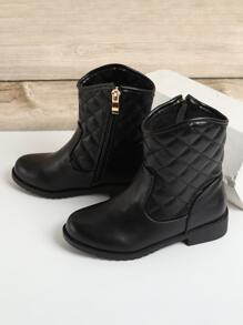 Girls Quilted Detail Zipper Side Combat Boots - Black - View 4