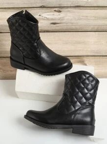 Girls Quilted Detail Zipper Side Combat Boots - Black - View 6