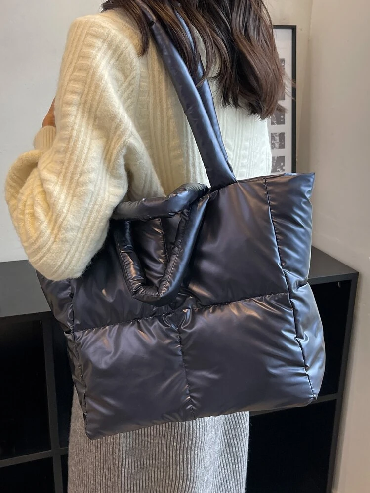 Quilted Waterproof Top Handle Bag - Navy Blue - View 2