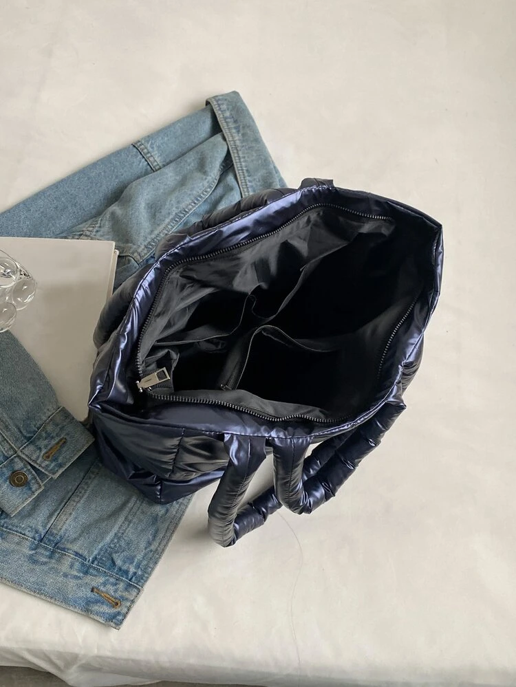 Quilted Waterproof Top Handle Bag - Navy Blue - View 4