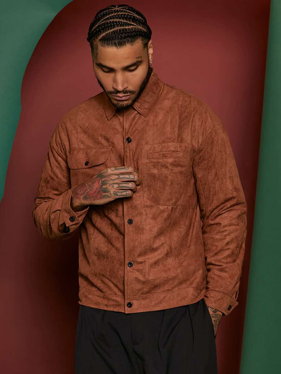 Manfinity 男士休閒純色翻蓋口袋外套 - 鏽棕色 - 查看 1