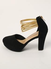 Women's High Heel Shoes, Color Block Design, Comfortable Closed Toe, Multi-Layer Woven Strap, Suede Upper, Round Toe, Ankle Strap, Front Platform, Thick Sole, Rear Zipper, Chunky Heel, Suitable For Banquet, Holiday, Party, Fashion, Elegant - Black - View 4