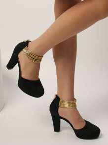 Women's High Heel Shoes, Color Block Design, Comfortable Closed Toe, Multi-Layer Woven Strap, Suede Upper, Round Toe, Ankle Strap, Front Platform, Thick Sole, Rear Zipper, Chunky Heel, Suitable For Banquet, Holiday, Party, Fashion, Elegant - Black - View 8