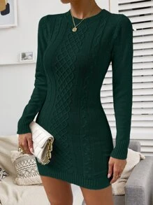 SHEIN Privé Cable Knit Jumper Dress - Dark Green - View 3
