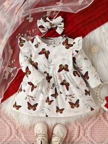 Bebé Vestido con estampado de mariposa ribete con fruncido con diadema - Blanco - Ver 1