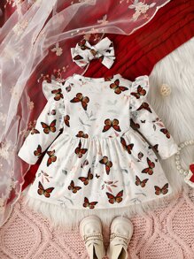 Bebé Vestido con estampado de mariposa ribete con fruncido con diadema - Blanco - Ver 2