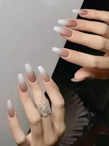 Transform Your Nails with 24pcs Long Coffin Camel Ombre Glossy Fake Nail & 1pc Nail File & 1sheet Tape - Multicolor - View 1