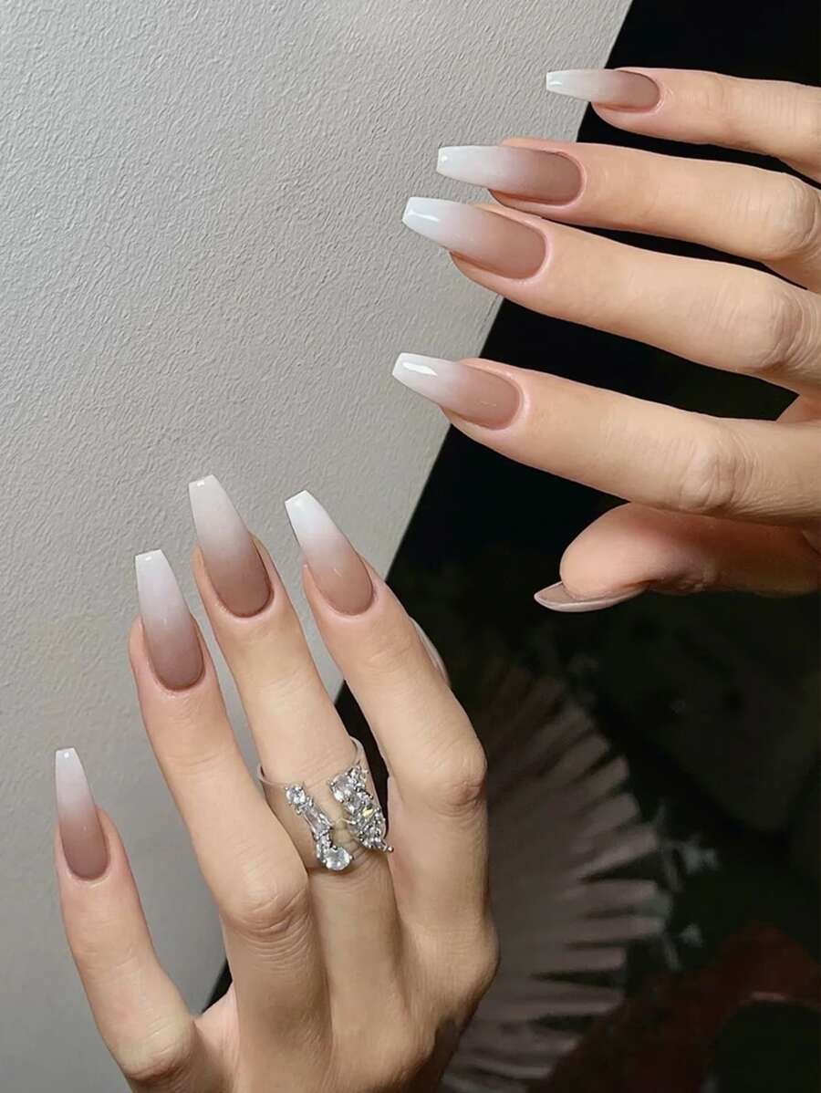 Transform Your Nails with 24pcs Long Coffin Camel Ombre Glossy Fake Nail & 1pc Nail File & 1sheet Tape - Multicolor - View 1