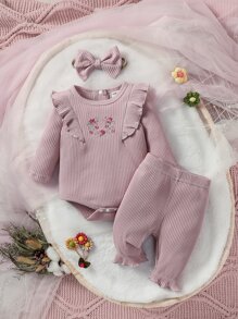 SHEIN Conjunto De Body Y Pantalón Y Diadema Para Recién Nacidas De Niña Con Bordado Floral Y Volantes