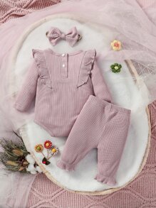 SHEIN Conjunto De Body Y Pantalón Y Diadema Para Recién Nacidas De Niña Con Bordado Floral Y Volantes