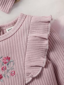 SHEIN Conjunto De Body Y Pantalón Y Diadema Para Recién Nacidas De Niña Con Bordado Floral Y Volantes