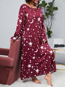 大碼星月印花睡裙 - 紅白色 - 查看 1