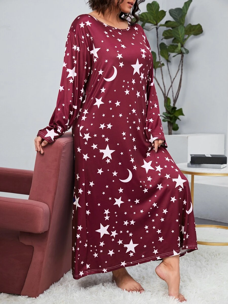 大碼星月印花睡裙 - 紅白色 - 查看 1