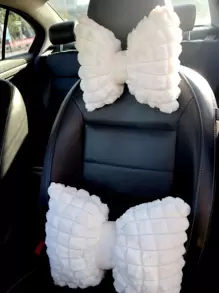 1pc Winter Plush Bowknot Style Warm Grid Pattern Car Neck Pillow - White - View 2