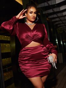 Glamaker Vestido ajustado girante delantero fruncido de satén - Burdeos - Ver 4