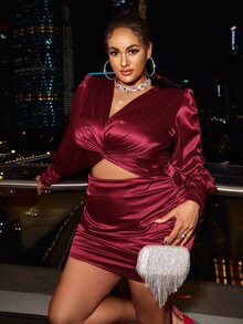 Glamaker Vestido ajustado girante delantero fruncido de satén - Burdeos - Ver 5