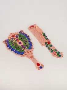1 pieza espejo de maquillaje de mariposa y 1 peine para el pelo, espejo de maquillaje de mano de estilo mariposa antiguo de metal, espejo cosmético plegable redondo de viaje, espejo plegable con mango de tocador para mujer, espejo decorativo de mesa de cobre - Multicolor - Ver 4