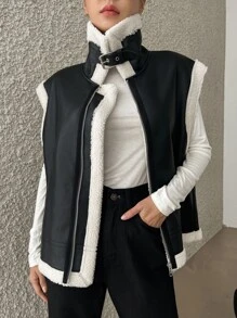 DAZY Contrast Trim Zip Up PU Vest Coat Women Jacket,Fall Women Clothes,Thermal Lined - Black - View 6