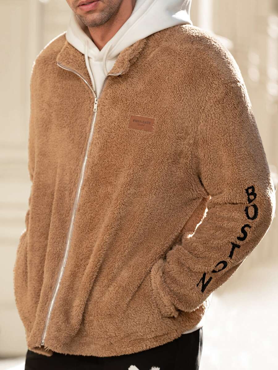 Manfinity Men Letter Embroidery Patched Detail Teddy Jacket - Brown - View 1