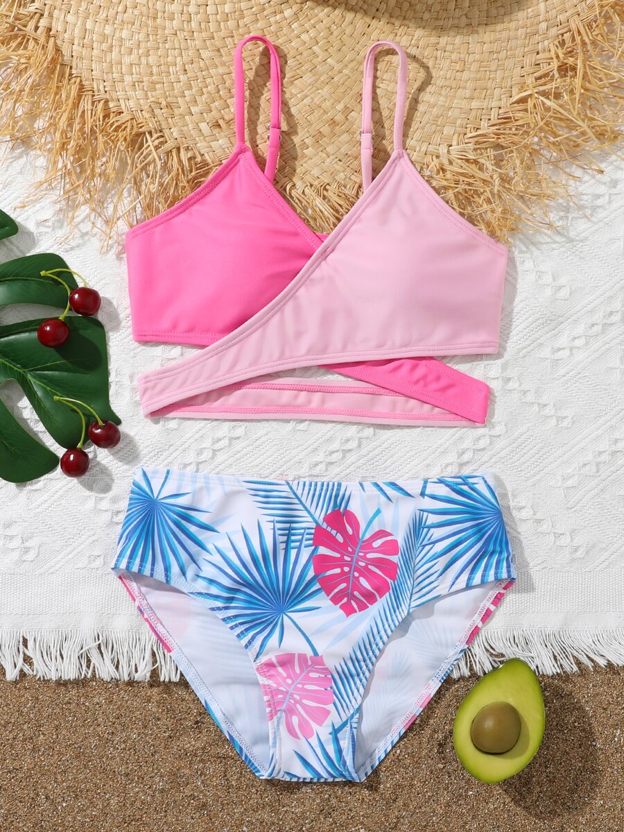 Tween Girl Tropical Print Wrap Bikini Set Summer Beach - Multicolor - View 1