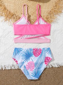 Tween Girl Tropical Print Wrap Bikini Set Summer Beach - Multicolor - View 2