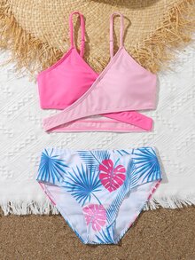 Tween Girl Tropical Print Wrap Bikini Set Summer Beach - Multicolor - View 4