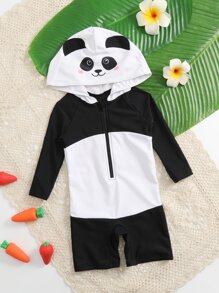 Baby Cartoon Panda Print Zip Front Hooded One Piece Swimsuit - Black and White - View 1