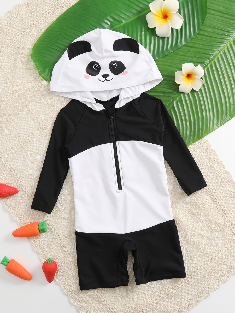 Baby Cartoon Panda Print Zip Front Hooded One Piece Swimsuit - Black and White - View 1