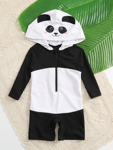 Baby Cartoon Panda Print Zip Front Hooded One Piece Swimsuit - Black and White - View 5