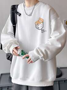 Manfinity Hypemode Men Bear And Slogan Graphic Drop Shoulder Oversize Sweatshirt - White - View 1