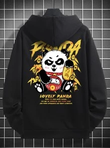 Manfinity EMRG 男士圖案印花加大號抽繩連帽衫,熊貓和標語圖案 - 黑色 - 查看 2