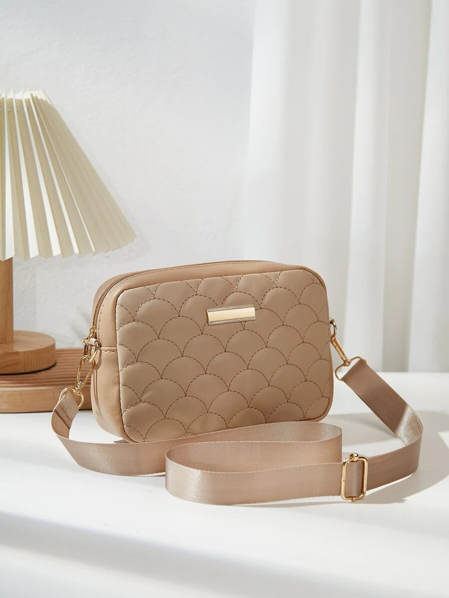 迷你金屬裝飾幾何格紋絎縫方形包 - 卡其色 - 查看 1