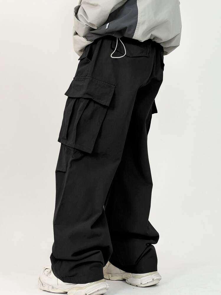 Manfinity Roghcode Loose Fit Men's Cargo Pants With Flap Pockets, Side Drawstring Waist, Fall - Black - View 2