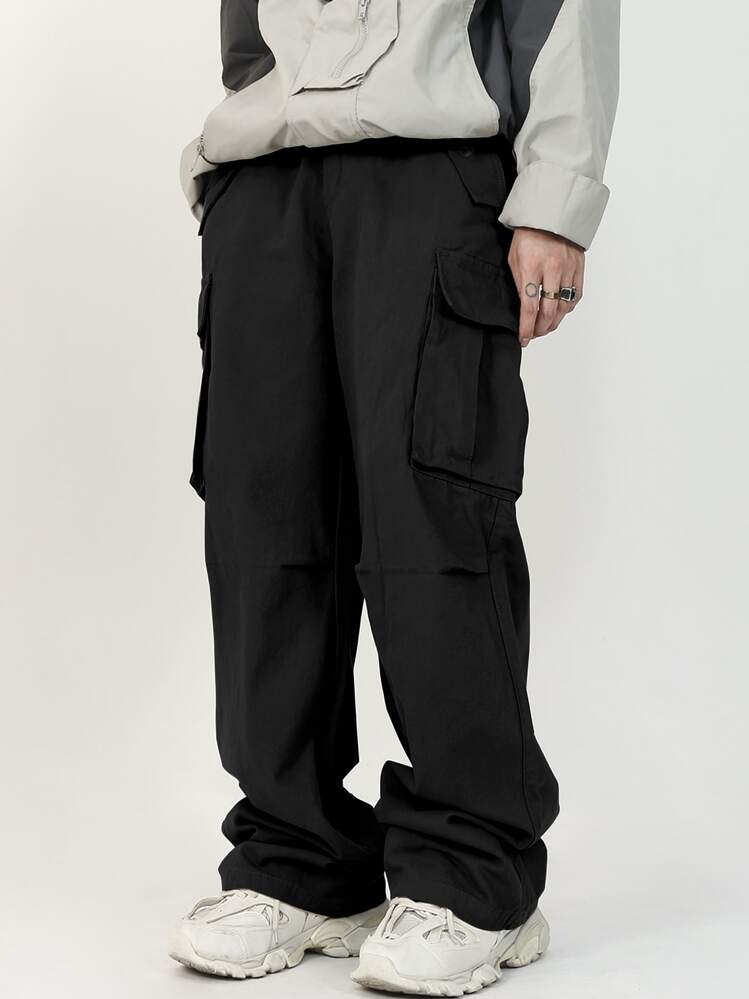 Manfinity Roghcode Loose Fit Men's Cargo Pants With Flap Pockets, Side Drawstring Waist, Fall - Black - View 6