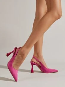 Neon-pink Point Toe Pyramid Heeled Slingback Faux Suede Pumps - Hot Pink - View 1