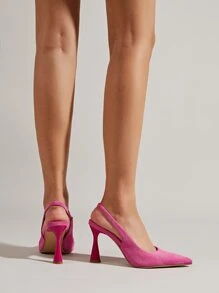 Neon-pink Point Toe Pyramid Heeled Slingback Faux Suede Pumps - Hot Pink - View 2