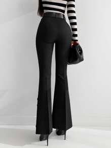 EURMUSE Button Detail Flare Leg Belted Pants - Black - View 2