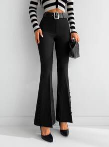 EURMUSE Button Detail Flare Leg Belted Pants - Black - View 4