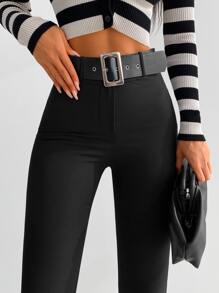 EURMUSE Button Detail Flare Leg Belted Pants - Black - View 5