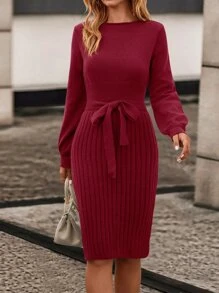 SHEIN LUNE Vestido de punto unicolor tejido de canalé con cinturón - Burdeos - Ver 1