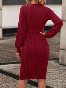 SHEIN LUNE Vestido de punto unicolor tejido de canalé con cinturón - Burdeos - Ver 2