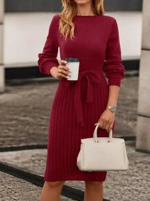 SHEIN LUNE Vestido de punto unicolor tejido de canalé con cinturón - Burdeos - Ver 3