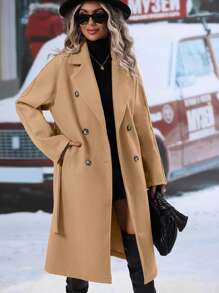 SHEIN LUNE Lapel Neck Double Breasted Belted Overcoat Fall Winter Cloth For Women - Camel - View 5