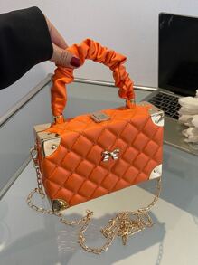 1pc New Solid Color PU Leather Quilted Diamond Small Box Bag, Bow Decor, Pleated Cloud Design Top Handle Hard Shell Box Bag, Metal Chain Shoulder Strap, Daily Use Women Gift Small Square Bag Phone Pouch - Burnt Orange - View 8